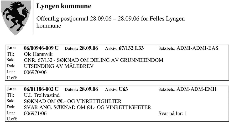 67/132 - SØKNAD OM DELING AV GRUNNEIENDOM Dok: UTSENDING AV MÅLEBREV Lnr.: 006970/06 J.