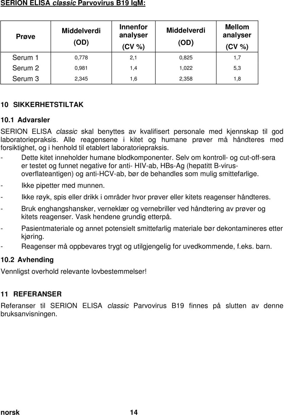 doc @ 59093 @ 1 SERION ELISA classic Parvovirus B19 IgM: Prøve Middelverdi (OD) Innenfor analyser (CV %) Middelverdi (OD) Mellom analyser (CV %) Serum 1 0,778 2,1 0,825 1,7 Serum 2 0,981 1,4 1,022