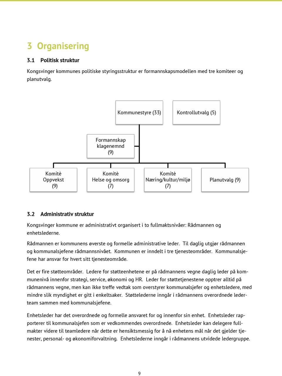 2 Administrativ struktur Kongsvinger kommune er administrativt organisert i to fullmaktsnivåer: Rådmannen og enhetslederne. Rådmannen er kommunens øverste og formelle administrative leder.