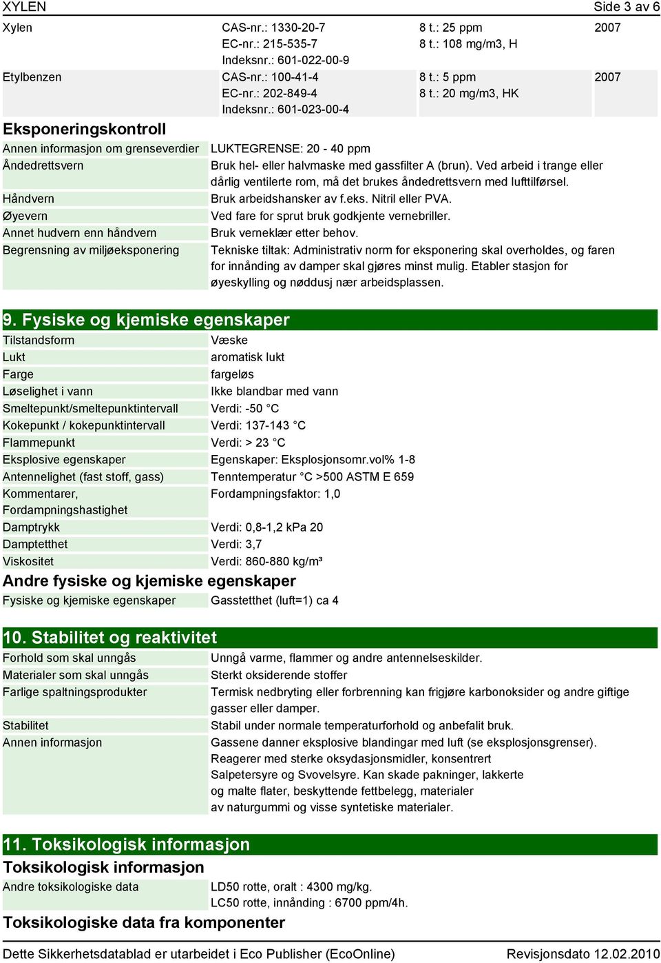 Fysiske og kjemiske egenskaper 8 t.: 25 ppm 8 t.: 108 mg/m3, H 8 t.: 5 ppm 8 t.: 20 mg/m3, HK 2007 2007 Bruk hel- eller halvmaske med gassfilter A (brun).