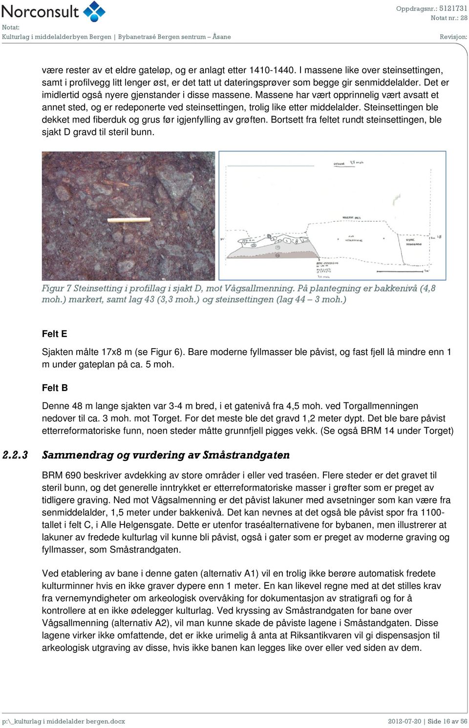 Steinsettingen ble dekket med fiberduk og grus før igjenfylling av grøften. Bortsett fra feltet rundt steinsettingen, ble sjakt D gravd til steril bunn.