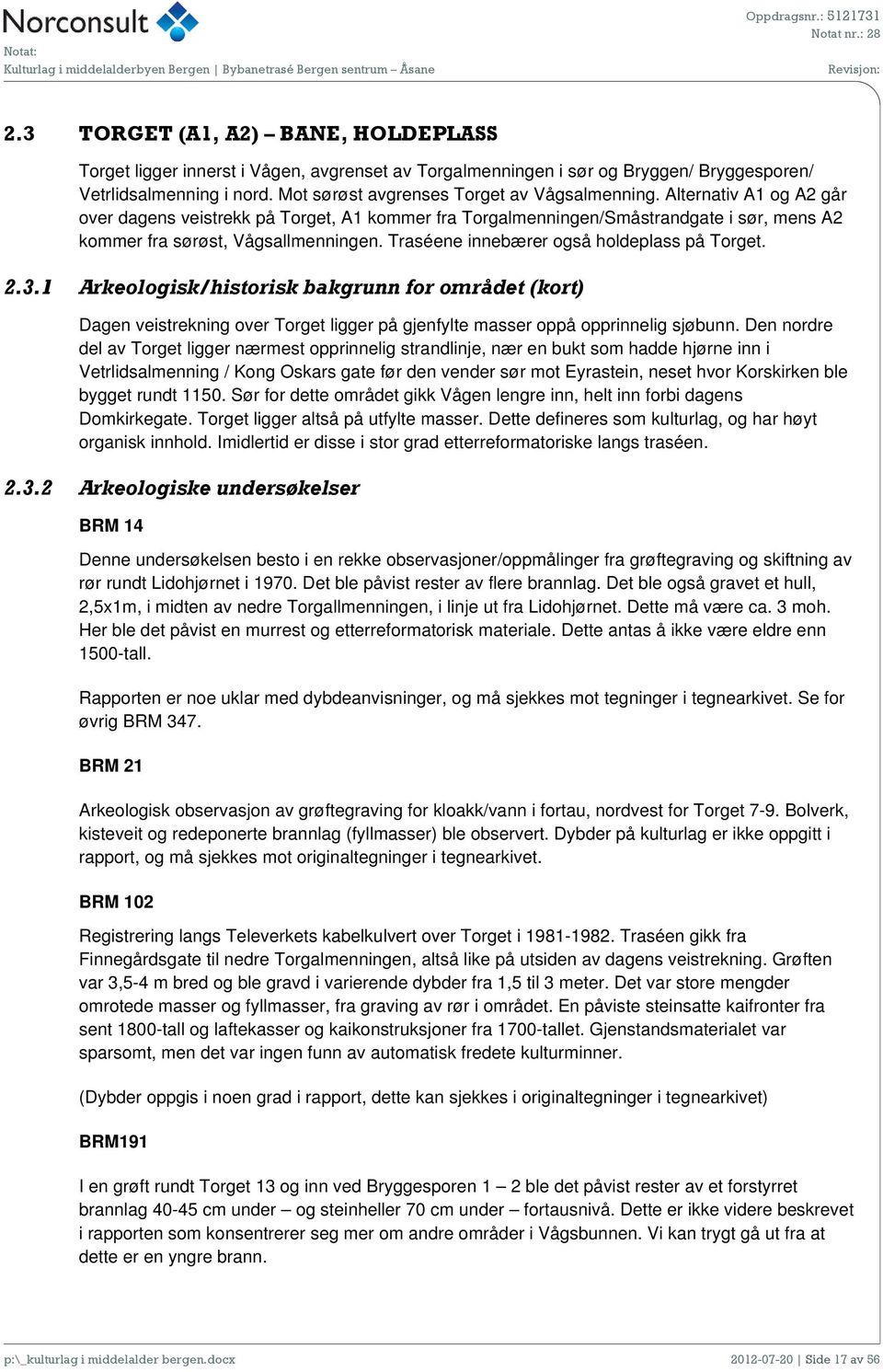 2.3.1 Arkeologisk/historisk bakgrunn for området (kort) Dagen veistrekning over Torget ligger på gjenfylte masser oppå opprinnelig sjøbunn.