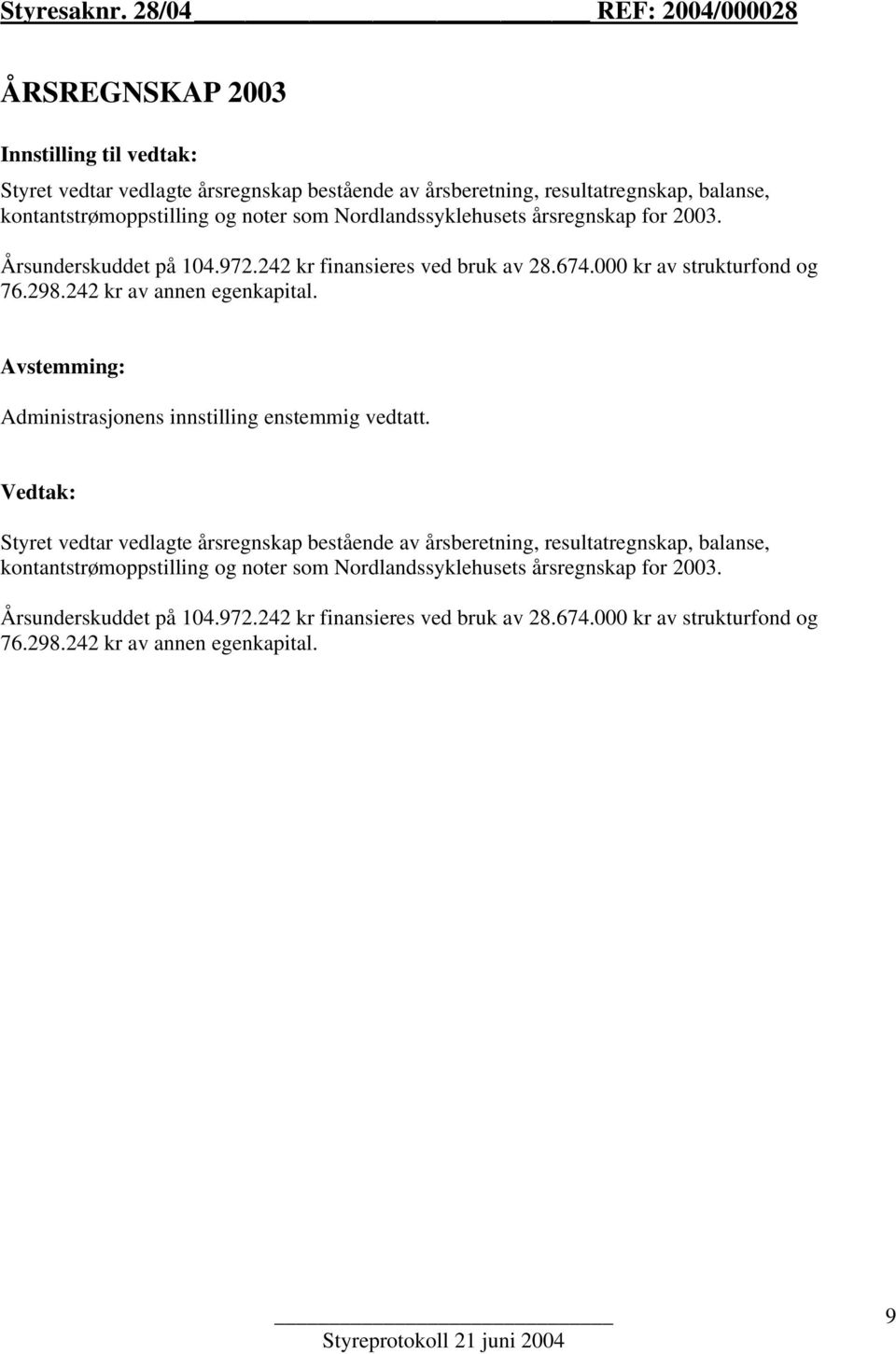 Nordlandssyklehusets årsregnskap for 2003. Årsunderskuddet på 104.972.242 kr finansieres ved bruk av 28.674.000 kr av strukturfond og 76.298.242 kr av annen egenkapital.