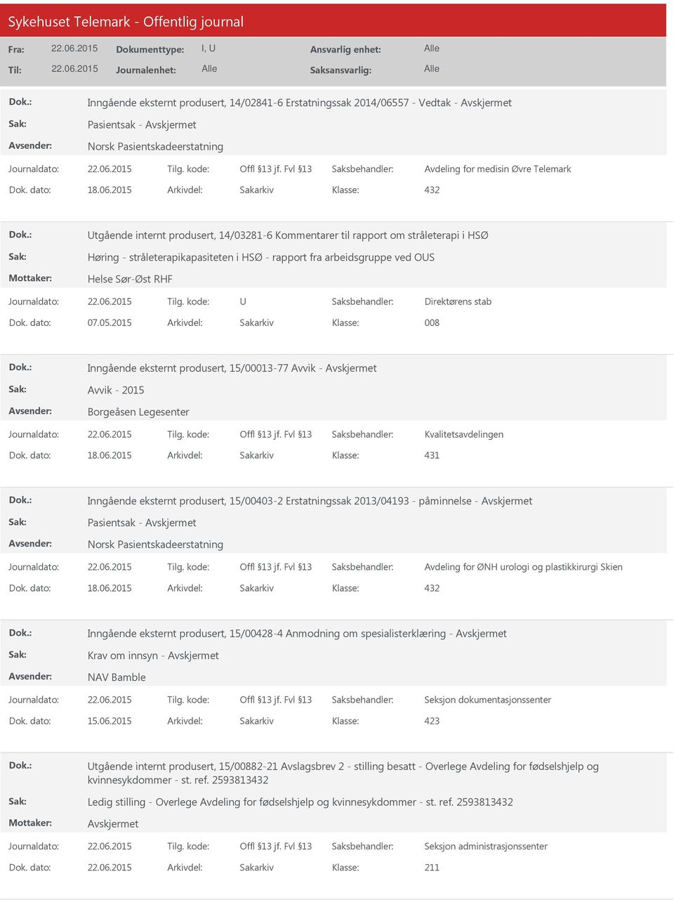 2015 Arkivdel: Sakarkiv 432 tgående internt produsert, 14/03281-6 Kommentarer til rapport om stråleterapi i HSØ Høring - stråleterapikapasiteten i HSØ - rapport fra arbeidsgruppe ved OS Helse Sør-Øst