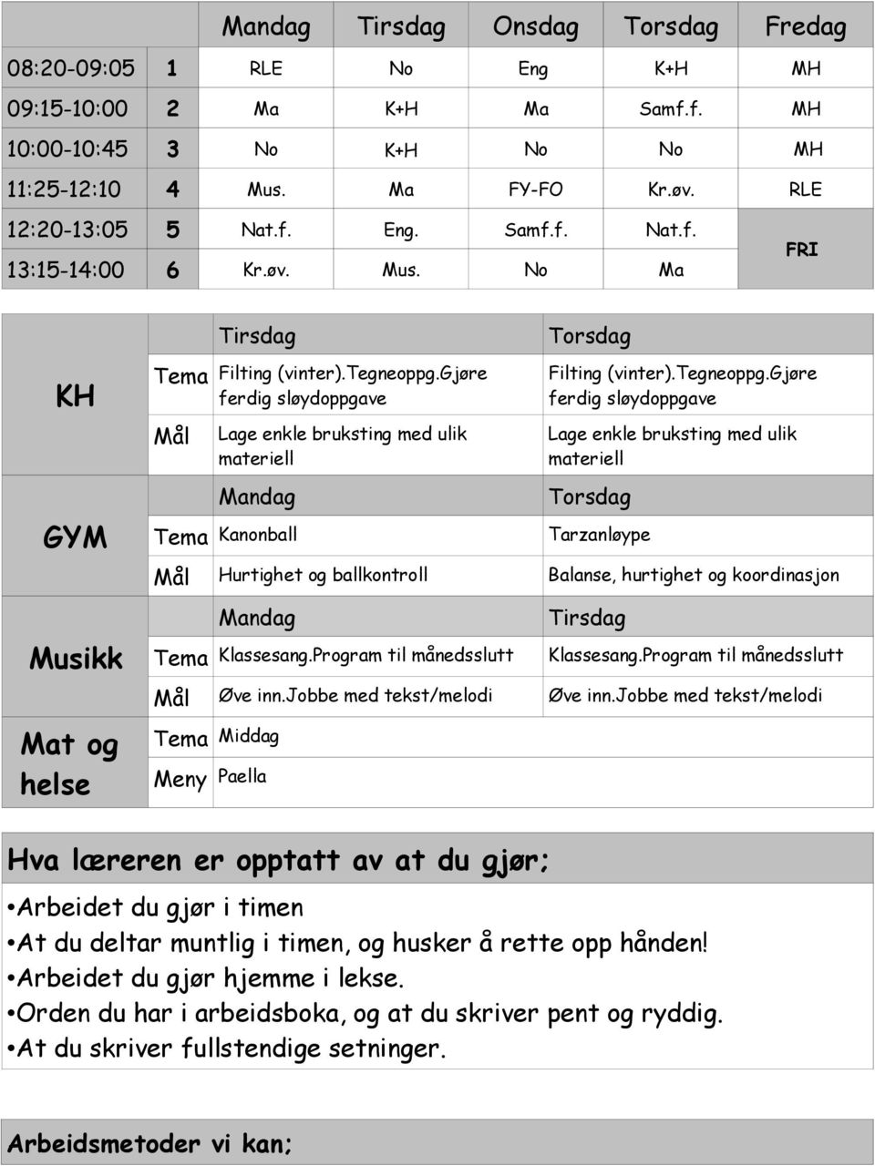 gjøre ferdig sløydoppgave Lage enkle bruksting med ulik materiell Mandag Kanonball Torsdag Filting (vinter).tegneoppg.