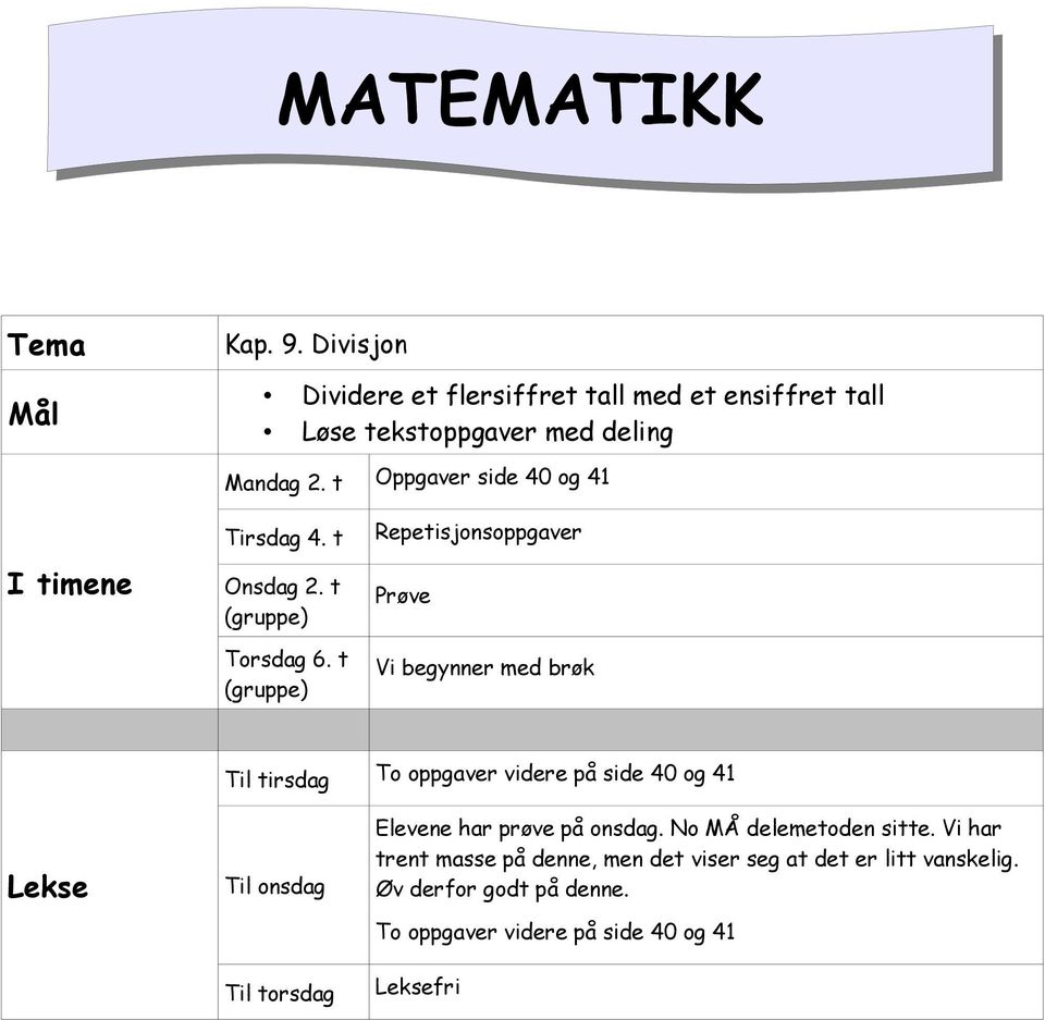 t (gruppe) Repetisjonsoppgaver Prøve Vi begynner med brøk Til tirsdag To oppgaver videre på side 40 og 41 Lekse Til onsdag Til