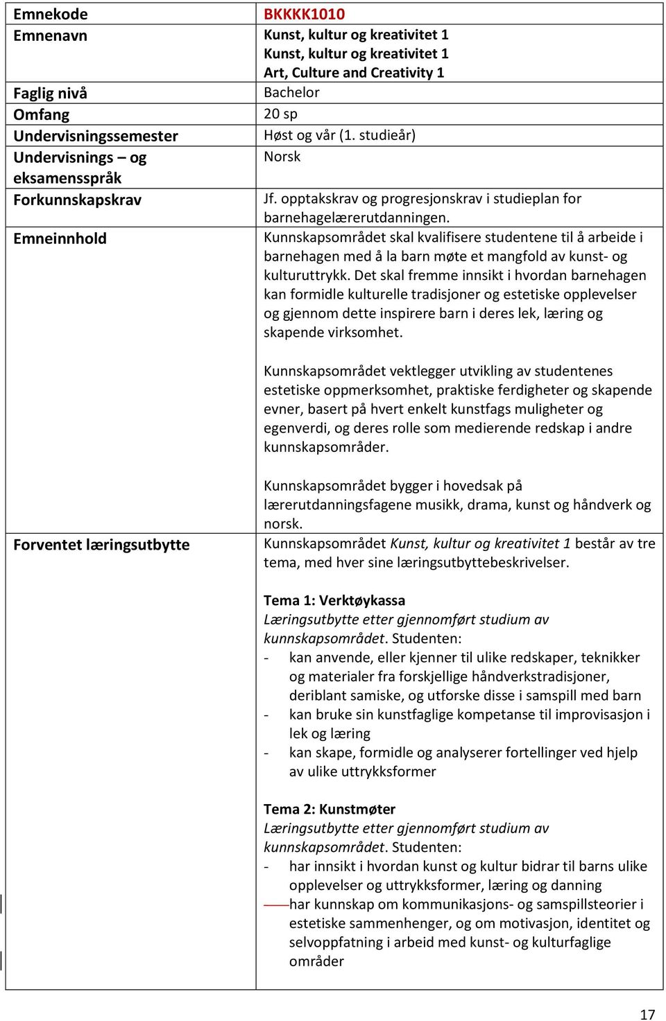 Emneinnhold Kunnskapsområdet skal kvalifisere studentene til å arbeide i barnehagen med å la barn møte et mangfold av kunst- og kulturuttrykk.