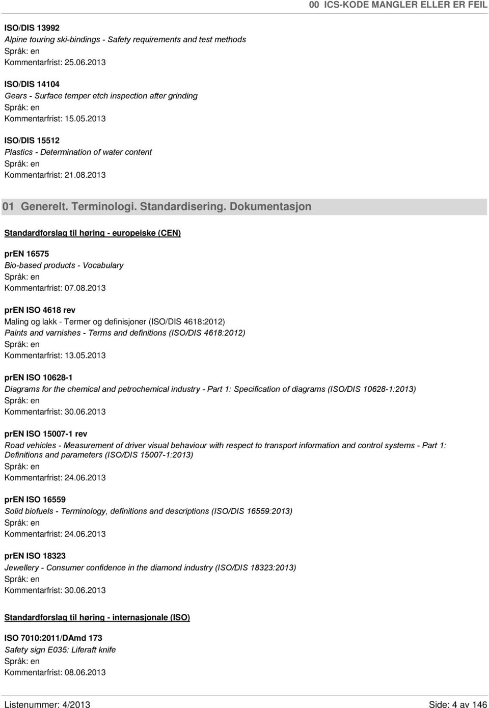 Terminologi. Standardisering. Dokumentasjon Standardforslag til høring - europeiske (CEN) pren 16575 Bio-based products - Vocabulary Kommentarfrist: 07.08.