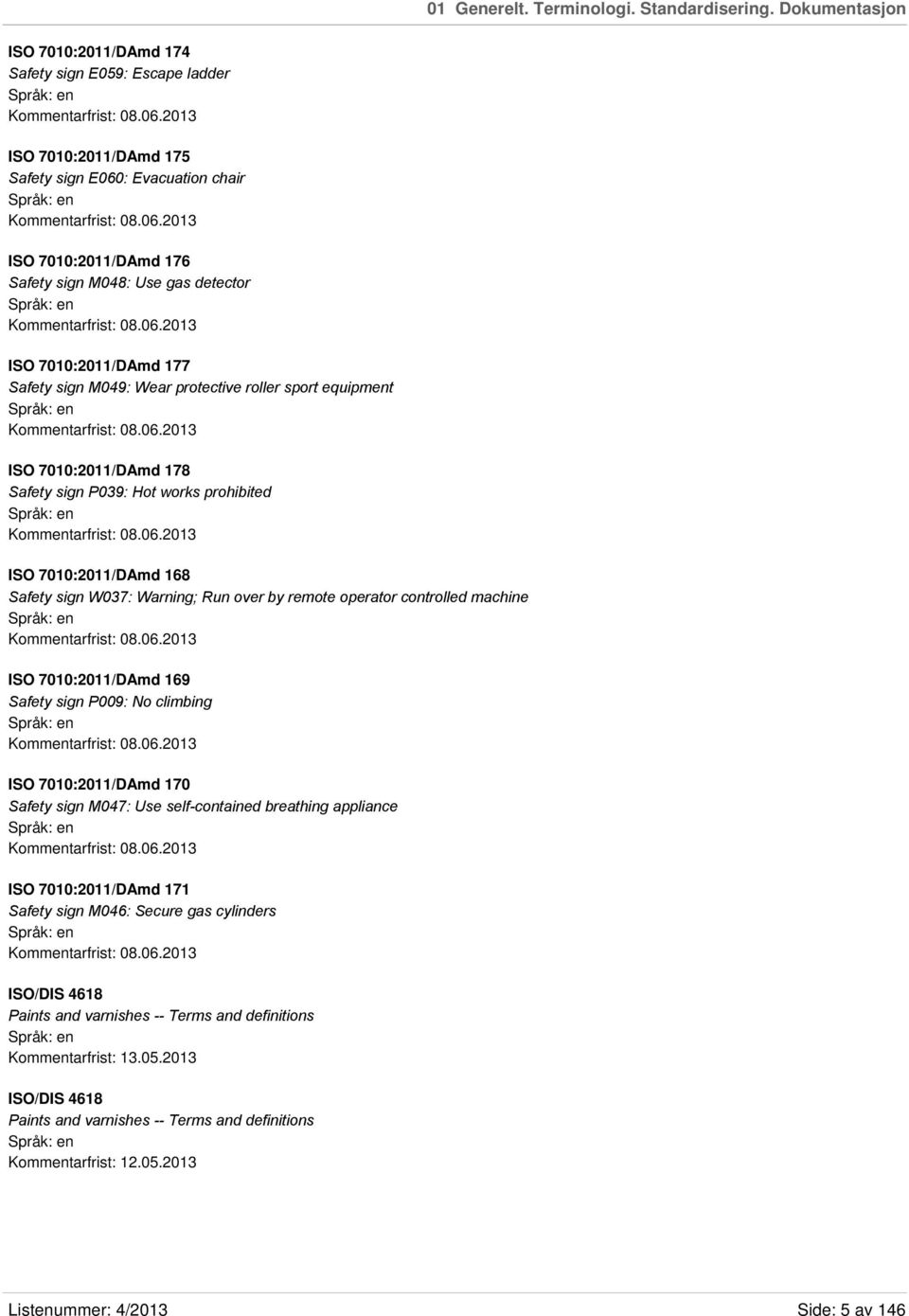 06.2013 ISO 7010:2011/DAmd 178 Safety sign P039: Hot works prohibited Kommentarfrist: 08.06.2013 ISO 7010:2011/DAmd 168 Safety sign W037: Warning; Run over by remote operator controlled machine Kommentarfrist: 08.