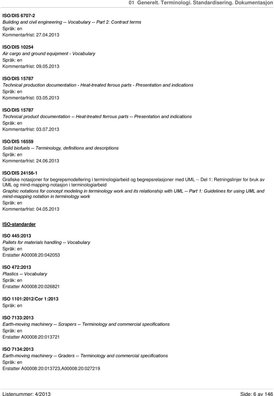 2013 ISO/DIS 15787 Technical production documentation - Heat-treated ferous parts - Presentation and indications Kommentarfrist: 03.05.