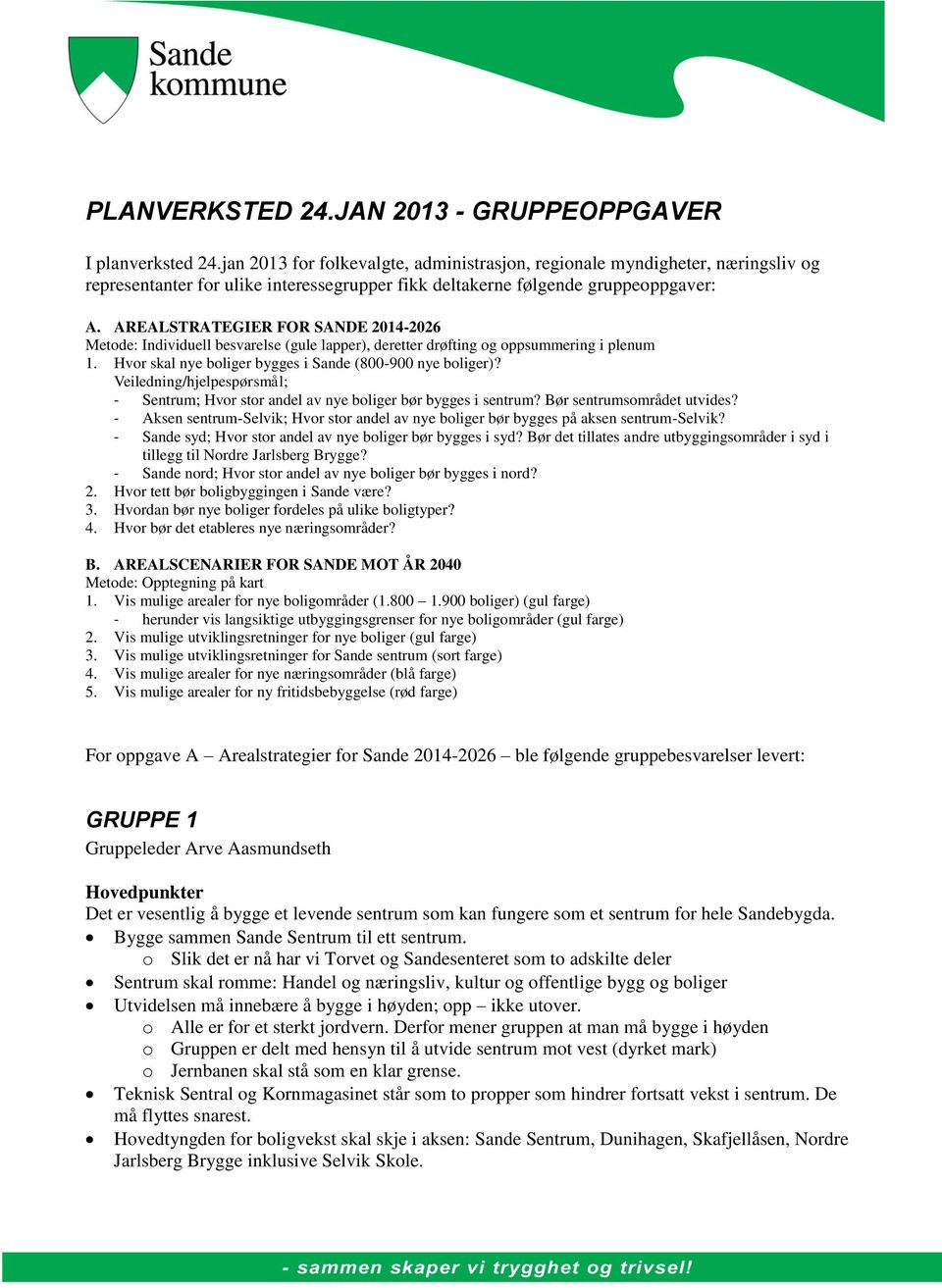 AREALSTRATEGIER FOR SANDE 2014-2026 Metode: Individuell besvarelse (gule lapper), deretter drøfting og oppsummering i plenum 1. Hvor skal nye boliger bygges i Sande (800-900 nye boliger)?