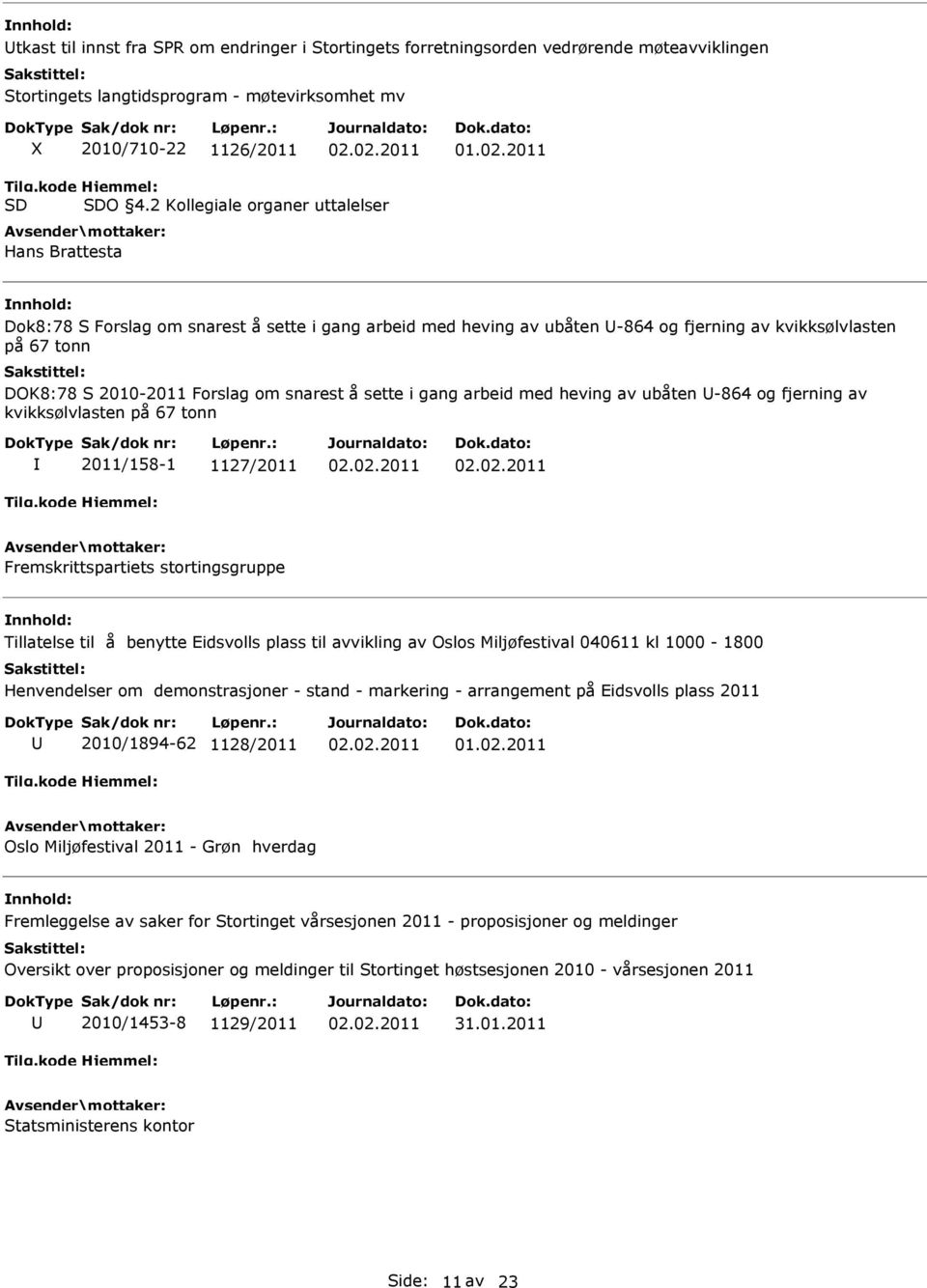 snarest å sette i gang arbeid med heving av ubåten -864 og fjerning av kvikksølvlasten på 67 tonn 2011/158-1 1127/2011 Fremskrittspartiets stortingsgruppe Tillatelse til å benytte Eidsvolls plass til