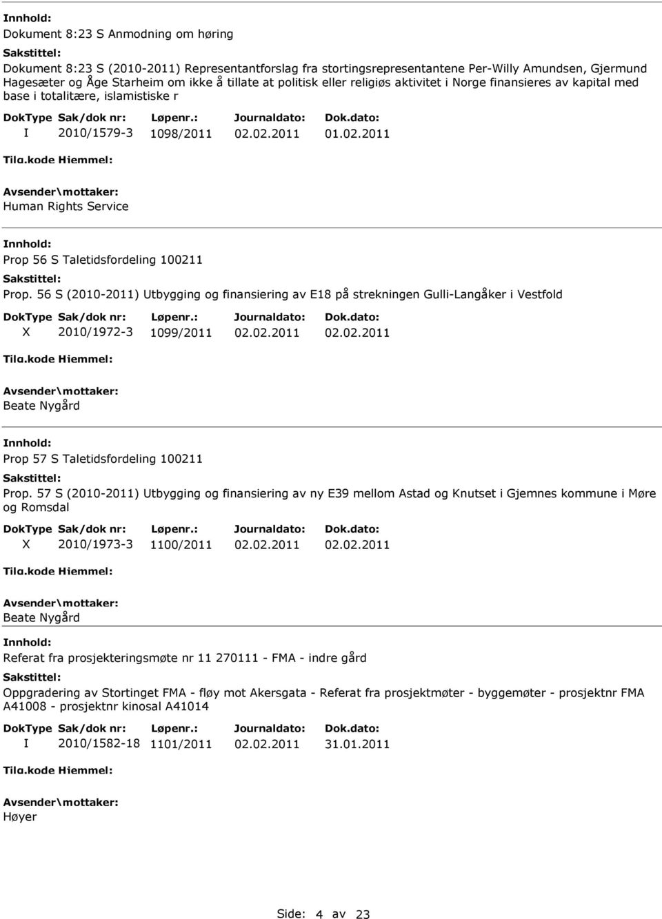 56 S (2010-2011) tbygging og finansiering av E18 på strekningen Gulli-Langåker i Vestfold 2010/1972-3 1099/2011 Beate Nygård Prop 57 S Taletidsfordeling 100211 Prop.