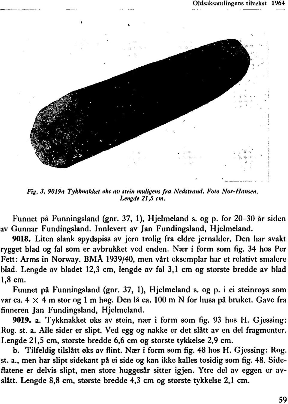 Den har svakt rygget blad og fal som er avbrukket ved enden. Nær i form som fig. 34 hos Per Fett: Arms in Norway. BMA 1939/40, men vårt eksemplar har et relativt smalere blad.