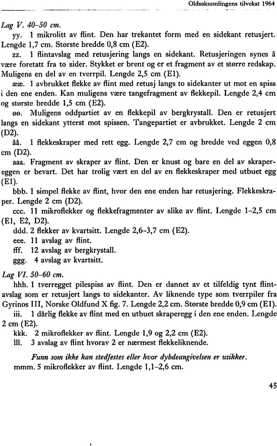 Lengde 2,5 cm (El). ææ. 1 avbrukket flekke av flint med retusj langs to sidekanter ut mot en spiss i den ene enden. Kan muligens være tangefragment av flekkepil.