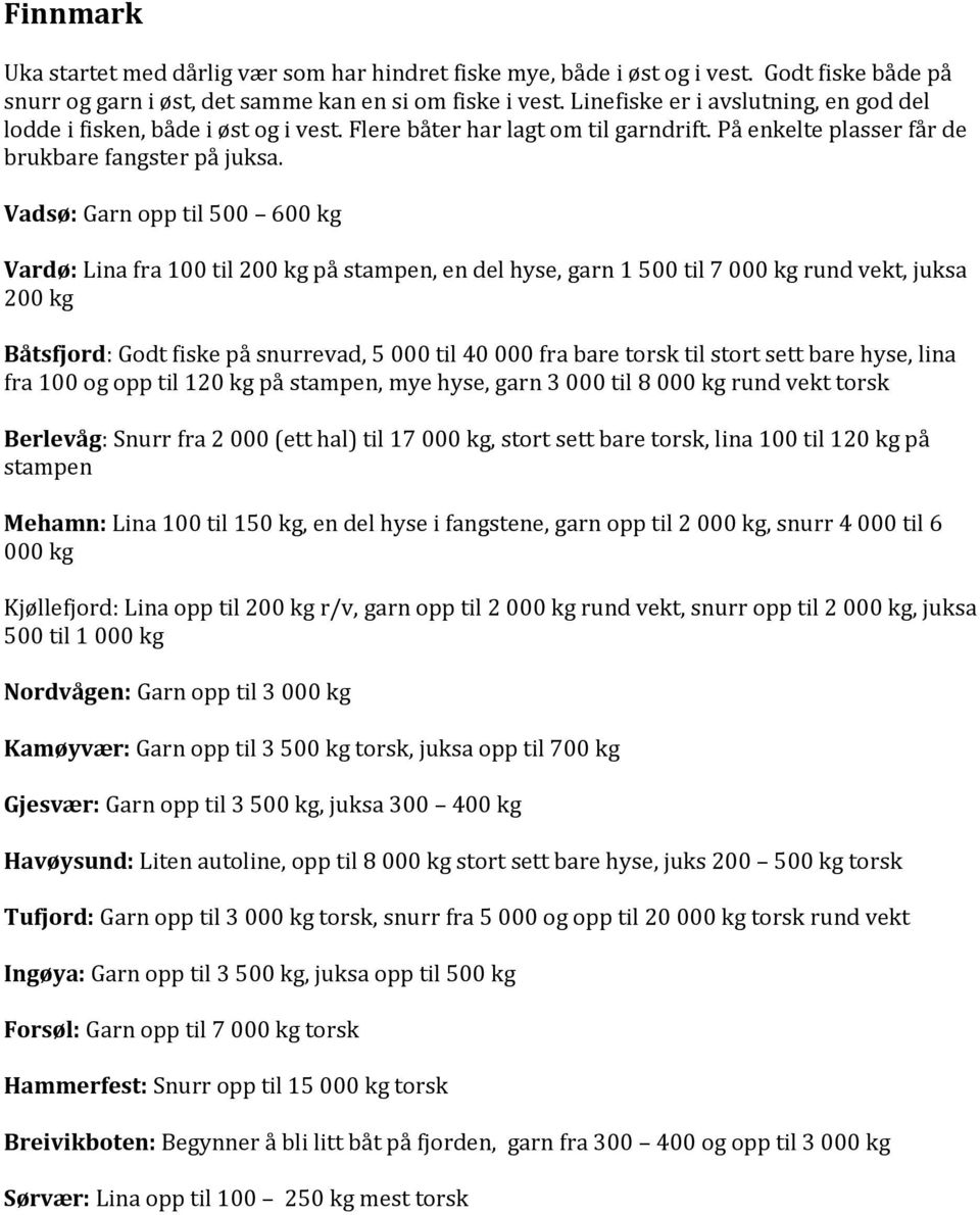 Vadsø: Garn opp til 500 600 kg Vardø: Lina fra 100 til 200 kg på stampen, en del hyse, garn 1 500 til 7 000 kg rund vekt, juksa 200 kg Båtsfjord: Godt fiske på snurrevad, 5 000 til 40 000 fra bare