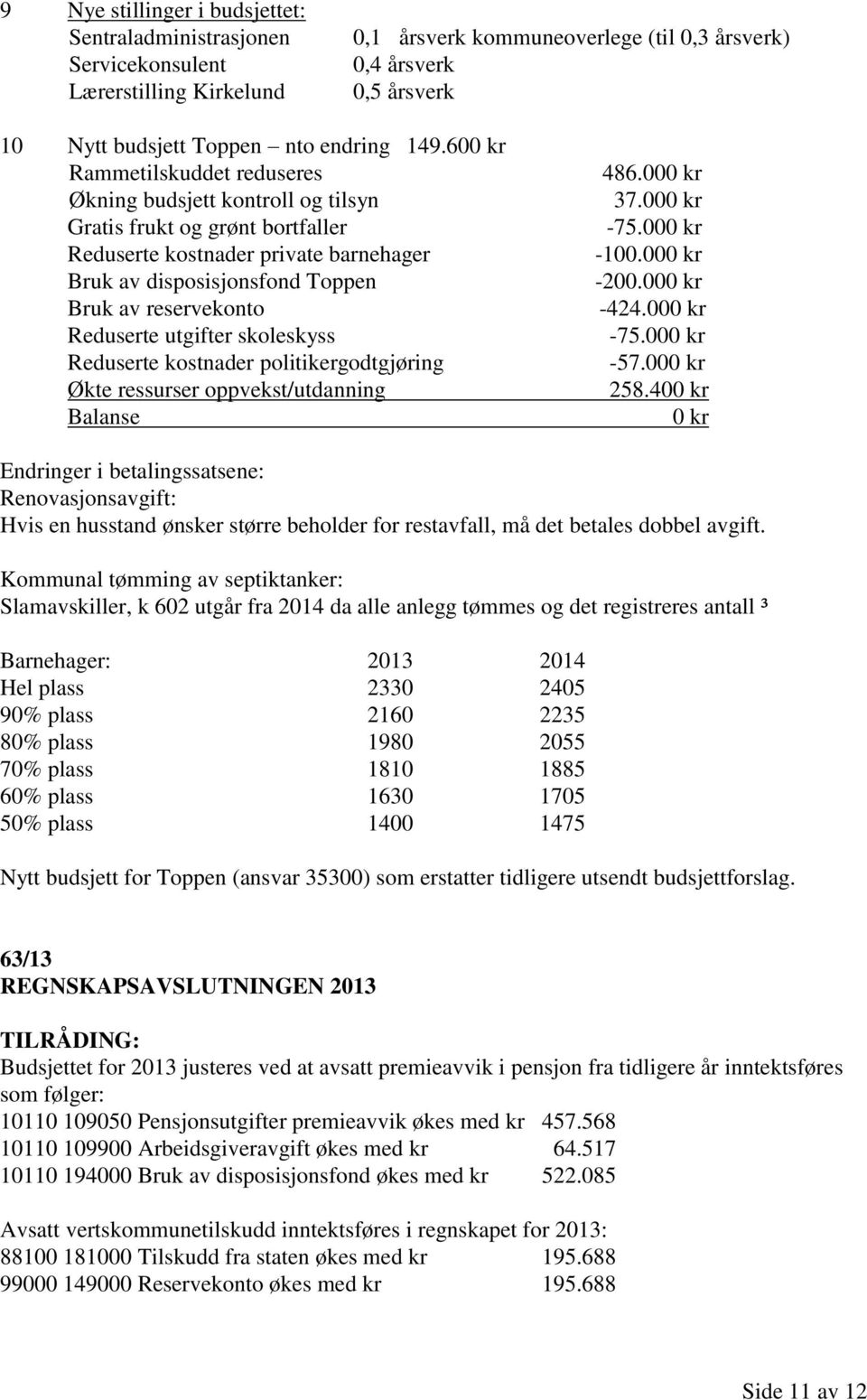 600 kr Rammetilskuddet reduseres Økning budsjett kontroll og tilsyn Gratis frukt og grønt bortfaller Reduserte kostnader private barnehager Bruk av disposisjonsfond Toppen Bruk av reservekonto