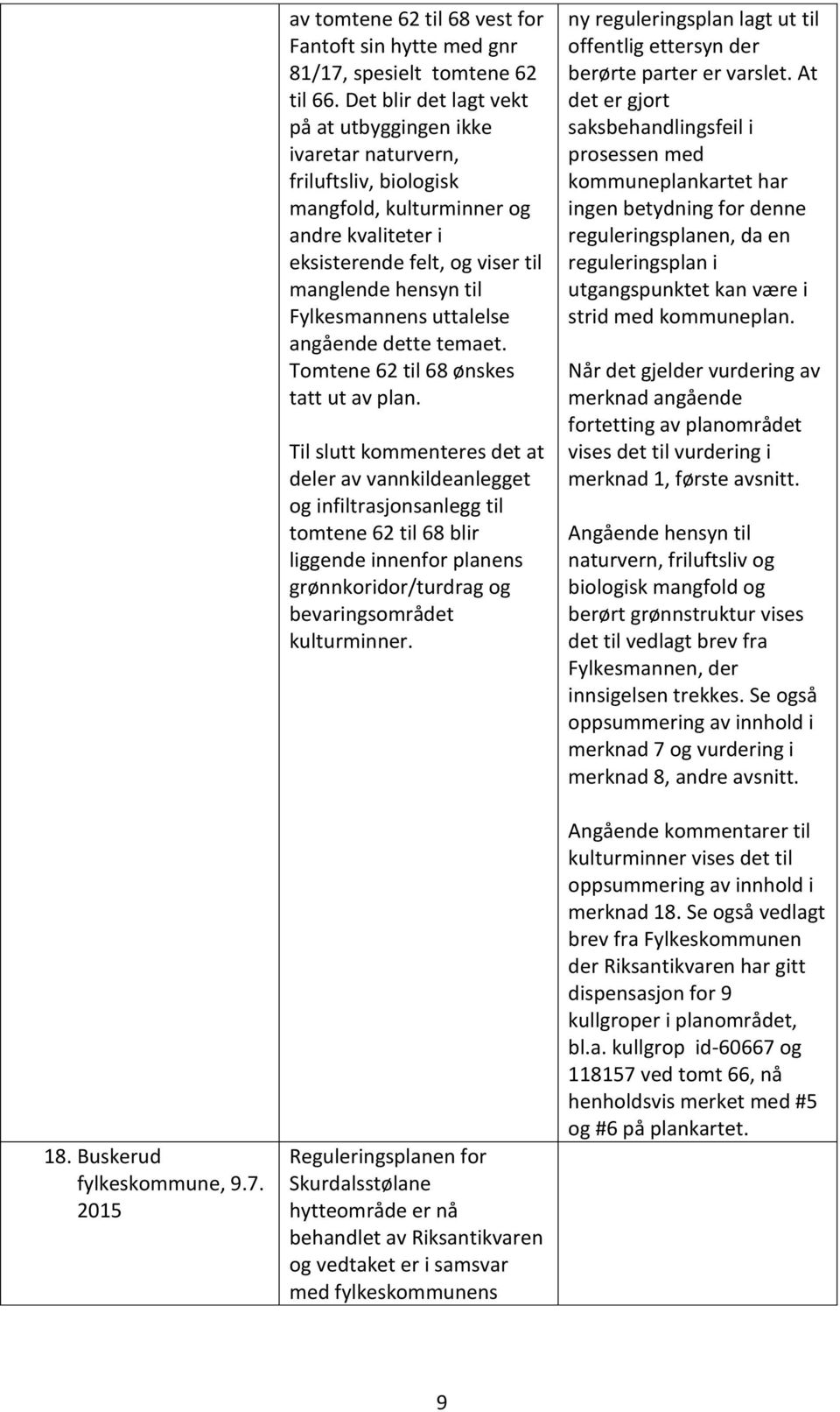 Fylkesmannens uttalelse angående dette temaet. Tomtene 62 til 68 ønskes tatt ut av plan.