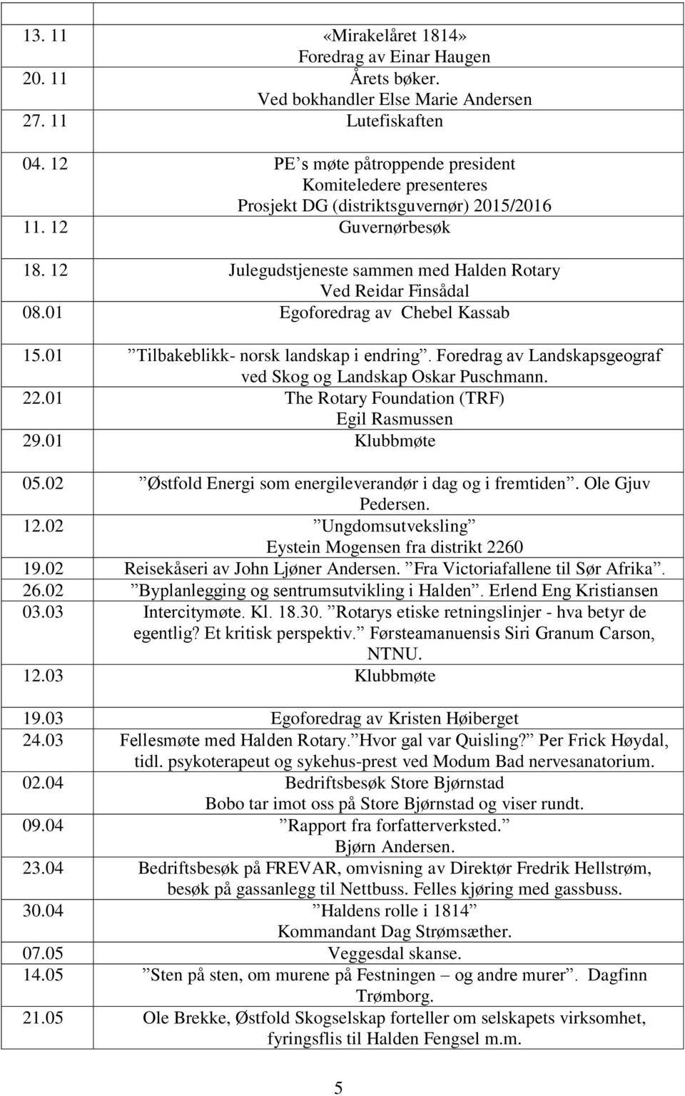 01 Egoforedrag av Chebel Kassab 15.01 Tilbakeblikk- norsk landskap i endring. Foredrag av Landskapsgeograf ved Skog og Landskap Oskar Puschmann. 22.01 The Rotary Foundation (TRF) Egil Rasmussen 29.