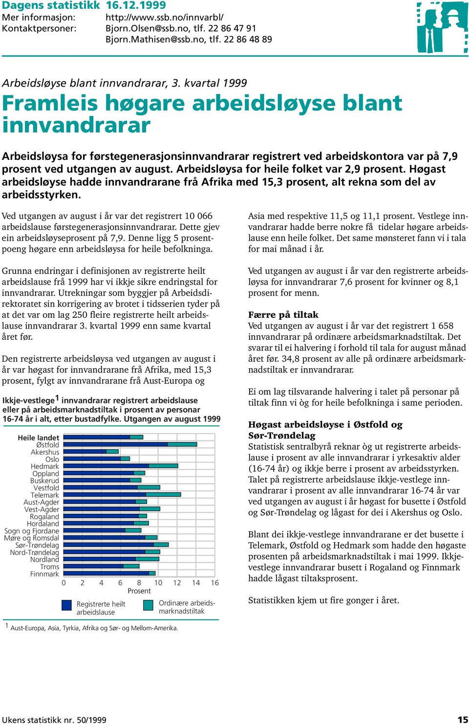 Arbeidsløysa for heile folket var 2,9 prosent. Høgast arbeidsløyse hadde innvandrarane frå Afrika med 15,3 prosent, alt rekna som del av arbeidsstyrken.