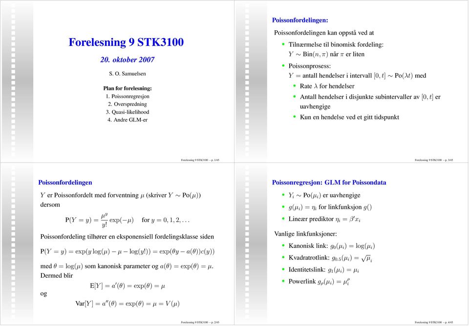 Antall hendelser i disjunkte subintervaller av [0,t] er uavhengige Kun en hendelse ved et gitt tidspunkt Forelesning 9 STK3100 p. 1/45 Forelesning 9 STK3100 p.