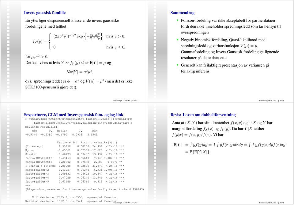 overspredningen Negativ binomisk fordeling, Quasi-likelihood med spredningsledd og variansfunksjon V (µ) = µ, Gammafordeling og Invers Gaussisk fordeling ga lignende resultater på dette datasettet