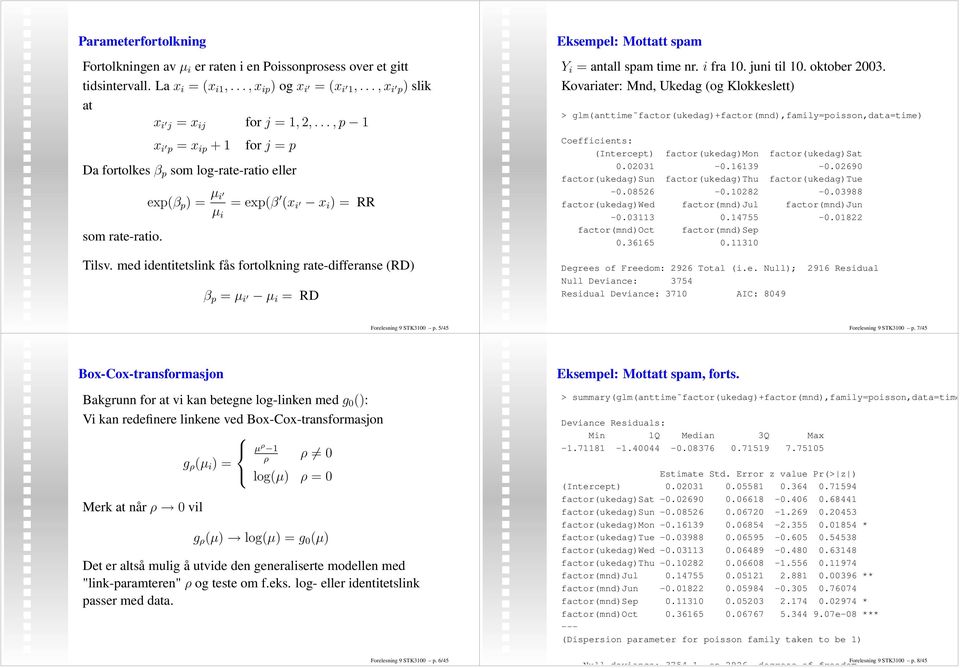 med identitetslink fås fortolkning rate-differanse (RD) β p = µ i µ i = RD Eksempel: Mottatt spam Y i = antall spam time nr. i fra 10. juni til 10. oktober 2003.