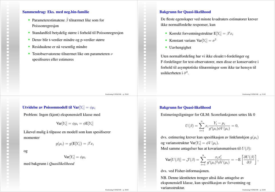 nå vesentlig mindre Testobservatorene tilnærmet like om parameteren ν spesifiseres eller estimeres Bakgrunn for Quasi-likelihood De fleste egenskaper ved minste kvadraters estimatorer krever ikke