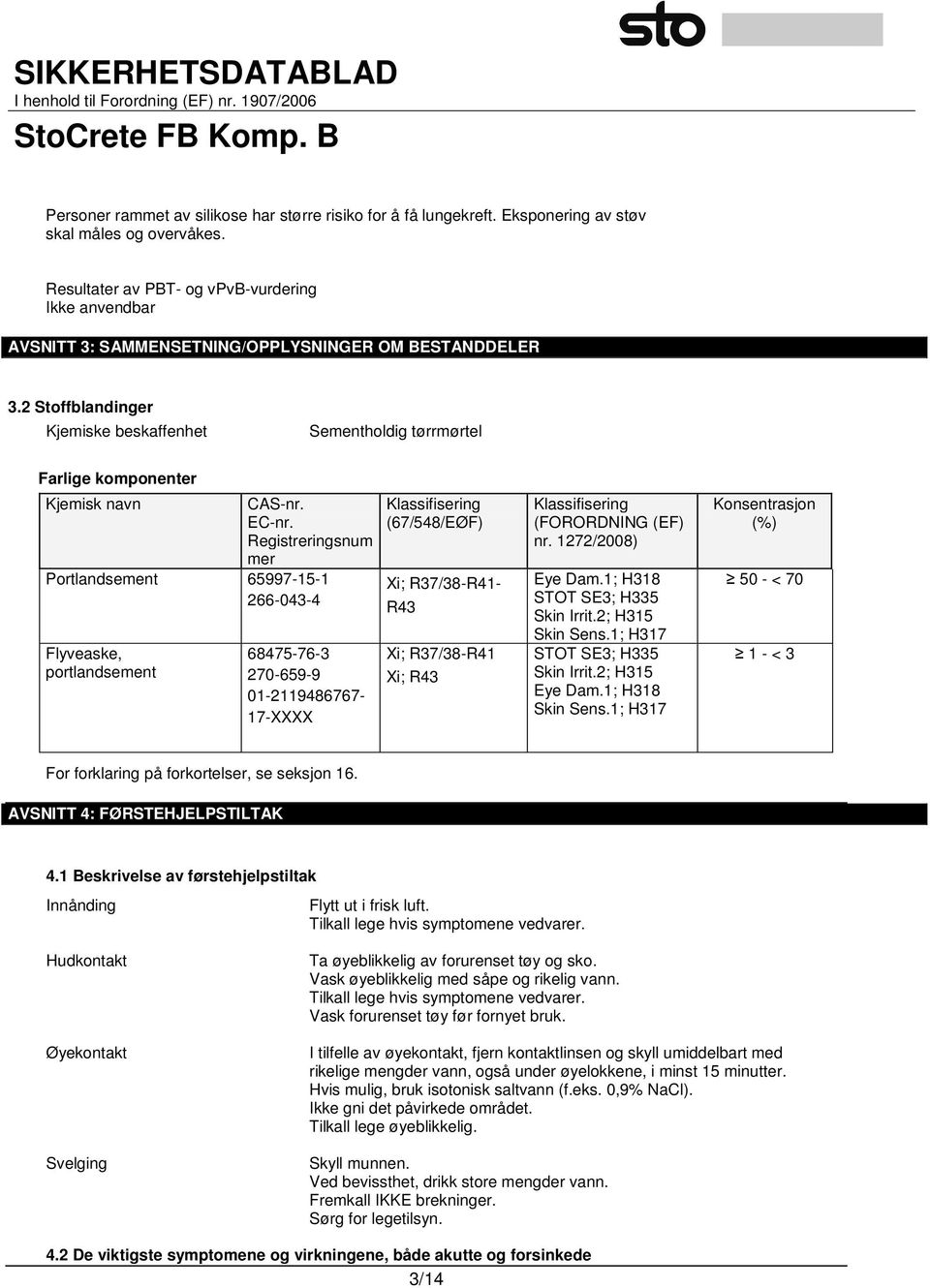 2 Stoffblandinger Kjemiske beskaffenhet Sementholdig tørrmørtel Farlige komponenter Kjemisk navn CAS-nr. EC-nr.