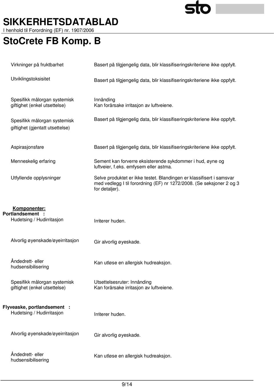 Selve produktet er ikke testet. Blandingen er klassifisert i samsvar med vedlegg I til forordning (EF) nr 1272/2008. (Se seksjoner 2 og 3 for detaljer).