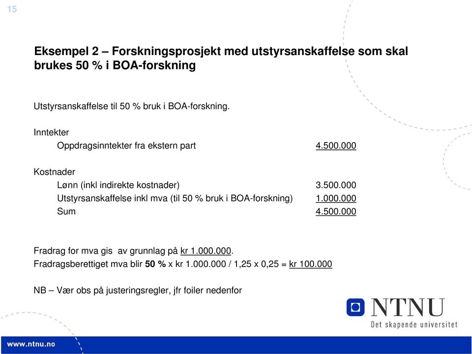 000 Kostnader Lønn (inkl indirekte kostnader) 3.500.000 Utstyrsanskaffelse inkl mva (til 50 % bruk i BOA-forskning) 1.000.000 Sum 4.
