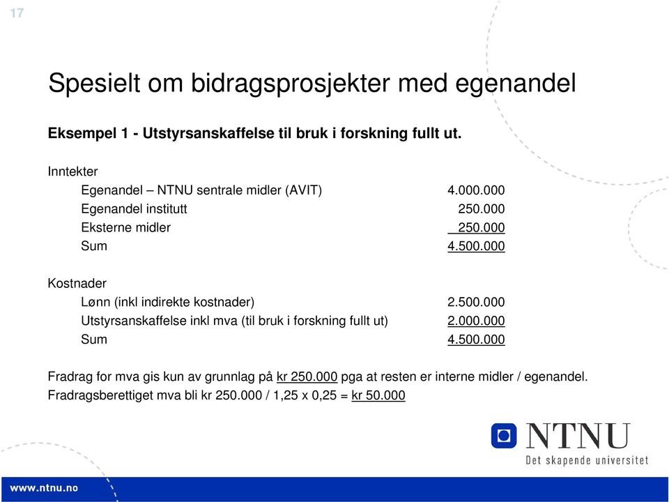 000 Kostnader Lønn (inkl indirekte kostnader) 2.500.000 Utstyrsanskaffelse inkl mva (til bruk i forskning fullt ut) 2.000.000 Sum 4.