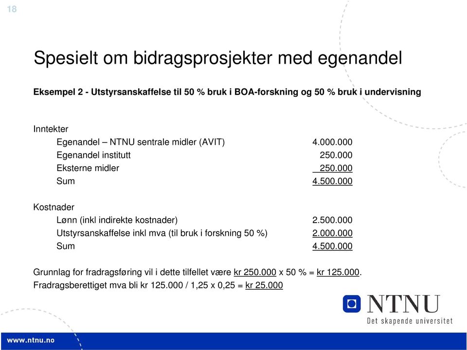 000 Kostnader Lønn (inkl indirekte kostnader) 2.500.000 Utstyrsanskaffelse inkl mva (til bruk i forskning 50 %) 2.000.000 Sum 4.500.000 Grunnlag for fradragsføring vil i dette tilfellet være kr 250.