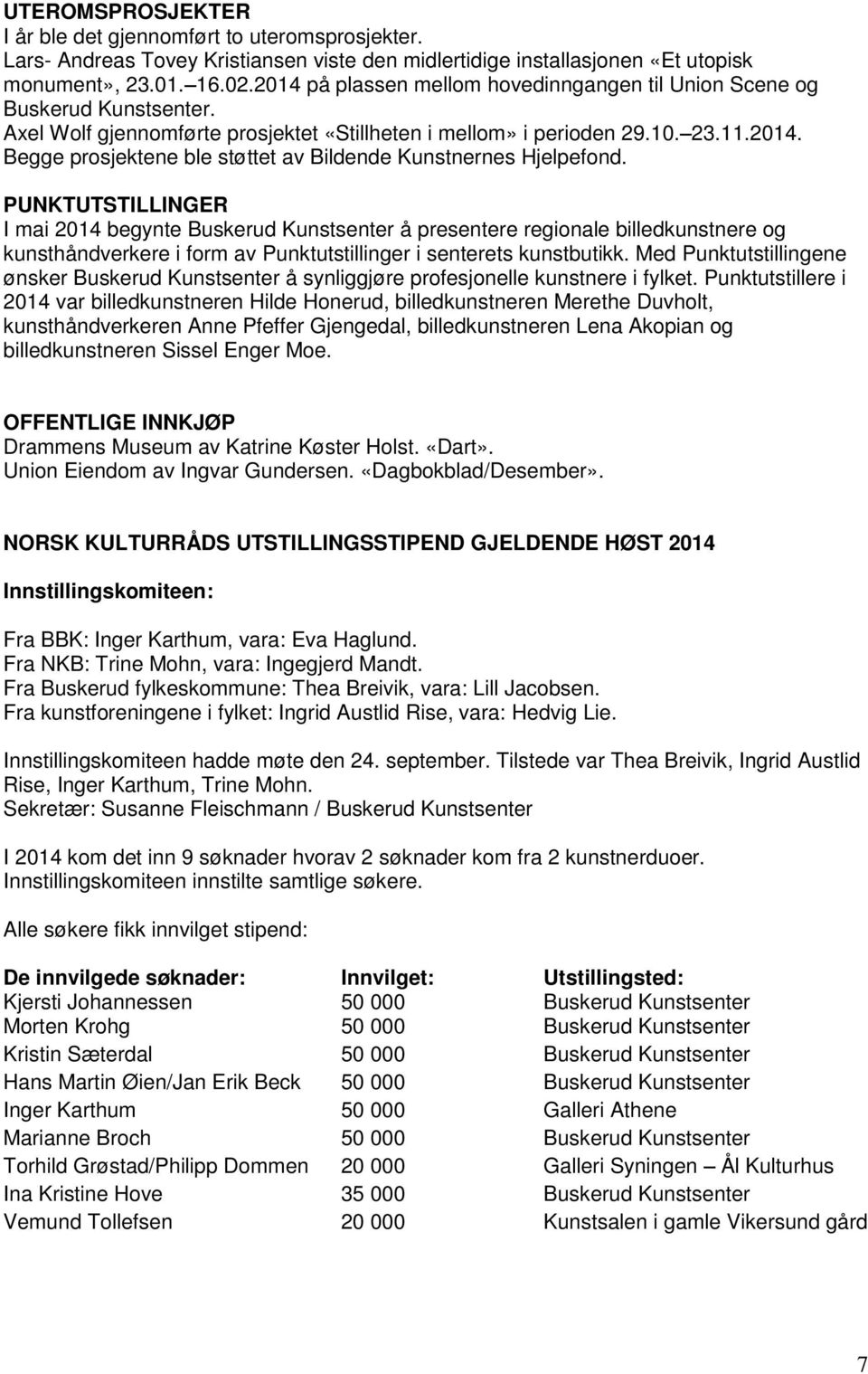 PUNKTUTSTILLINGER I mai 2014 begynte Buskerud Kunstsenter å presentere regionale billedkunstnere og kunsthåndverkere i form av Punktutstillinger i senterets kunstbutikk.