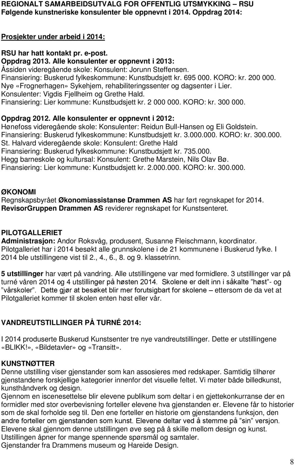 Nye «Frognerhagen» Sykehjem, rehabiliteringssenter og dagsenter i Lier. Konsulenter: Vigdis Fjellheim og Grethe Hald. Finansiering: Lier kommune: Kunstbudsjett kr. 2 000 000. KORO: kr. 300 000.