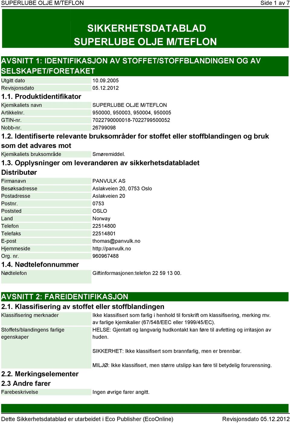 1.3. Opplysninger om leverandøren av sikkerhetsdatabladet Distributør Firmanavn PANVULK AS Besøksadresse Aslakveien 20, 0753 Oslo Postadresse Aslakveien 20 Postnr.