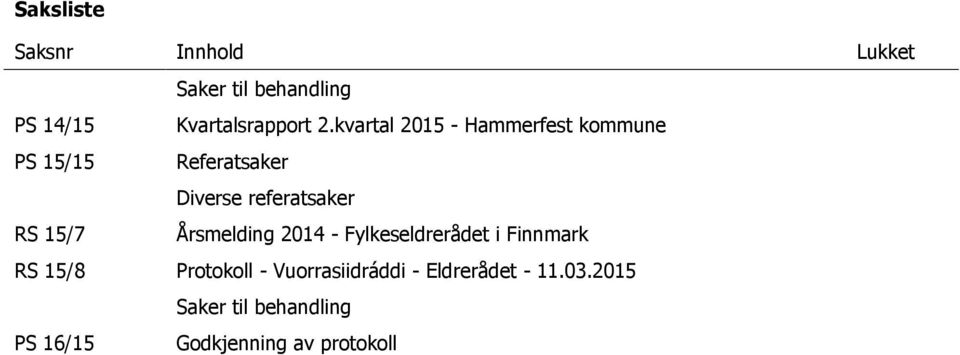 15/7 Årsmelding 2014 - Fylkeseldrerådet i Finnmark RS 15/8 Protokoll -