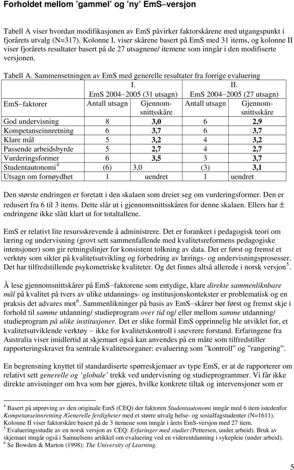 Sammensetningen av EmS med generelle resultater fra forrige evaluering I. EmS 2004 2005 (31 utsagn) II.