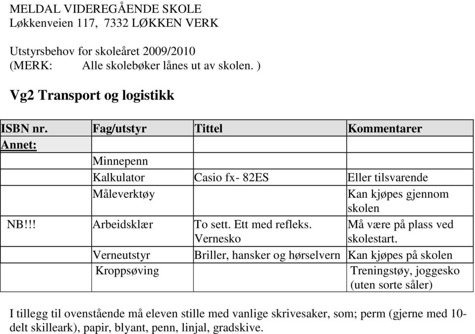 tilsvarende Måleverktøy NB!!! Arbeidsklær To sett.