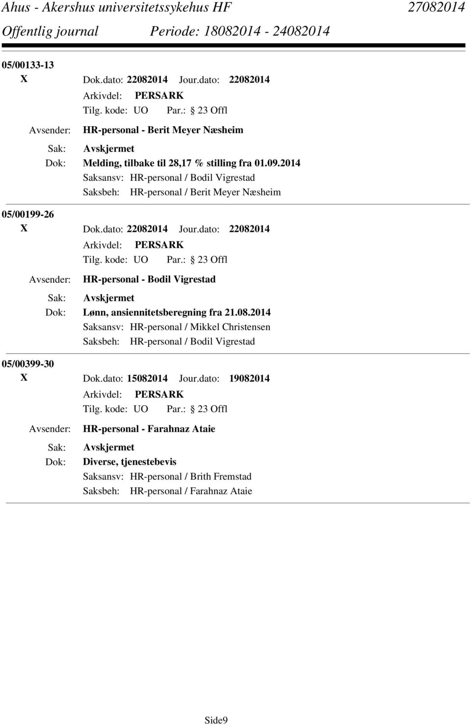 dato: 22082014 HR-personal - Bodil Vigrestad Lønn, ansiennitetsberegning fra 21.08.2014 Saksansv: HR-personal / Mikkel Christensen Saksbeh: HR-personal / Bodil Vigrestad 05/00399-30 X Dok.