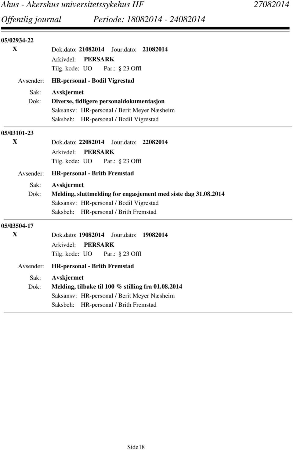 Vigrestad 05/03101-23 X Dok.dato: 22082014 Jour.dato: 22082014 HR-personal - Brith Fremstad Melding, sluttmelding for engasjement med siste dag 31.08.2014 Saksansv: HR-personal / Bodil Vigrestad Saksbeh: HR-personal / Brith Fremstad 05/03504-17 X Dok.