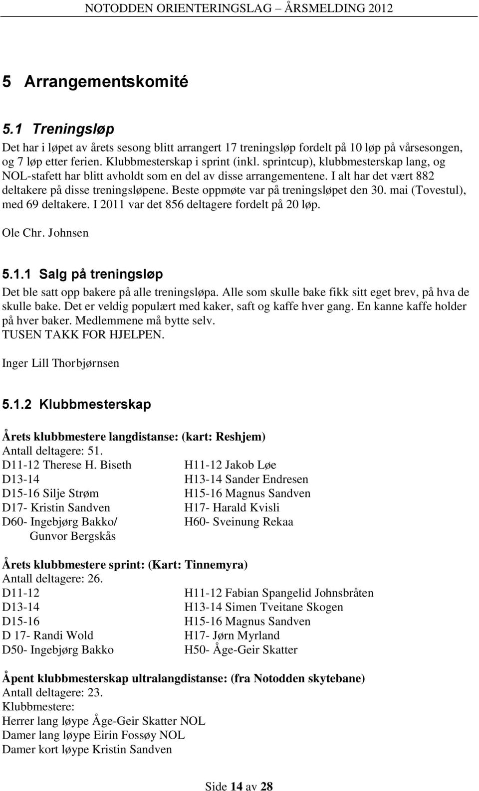 Beste oppmøte var på treningsløpet den 30. mai (Tovestul), med 69 deltakere. I 2011 var det 856 deltagere fordelt på 20 løp. Ole Chr. Johnsen 5.1.1 Salg på treningsløp Det ble satt opp bakere på alle treningsløpa.