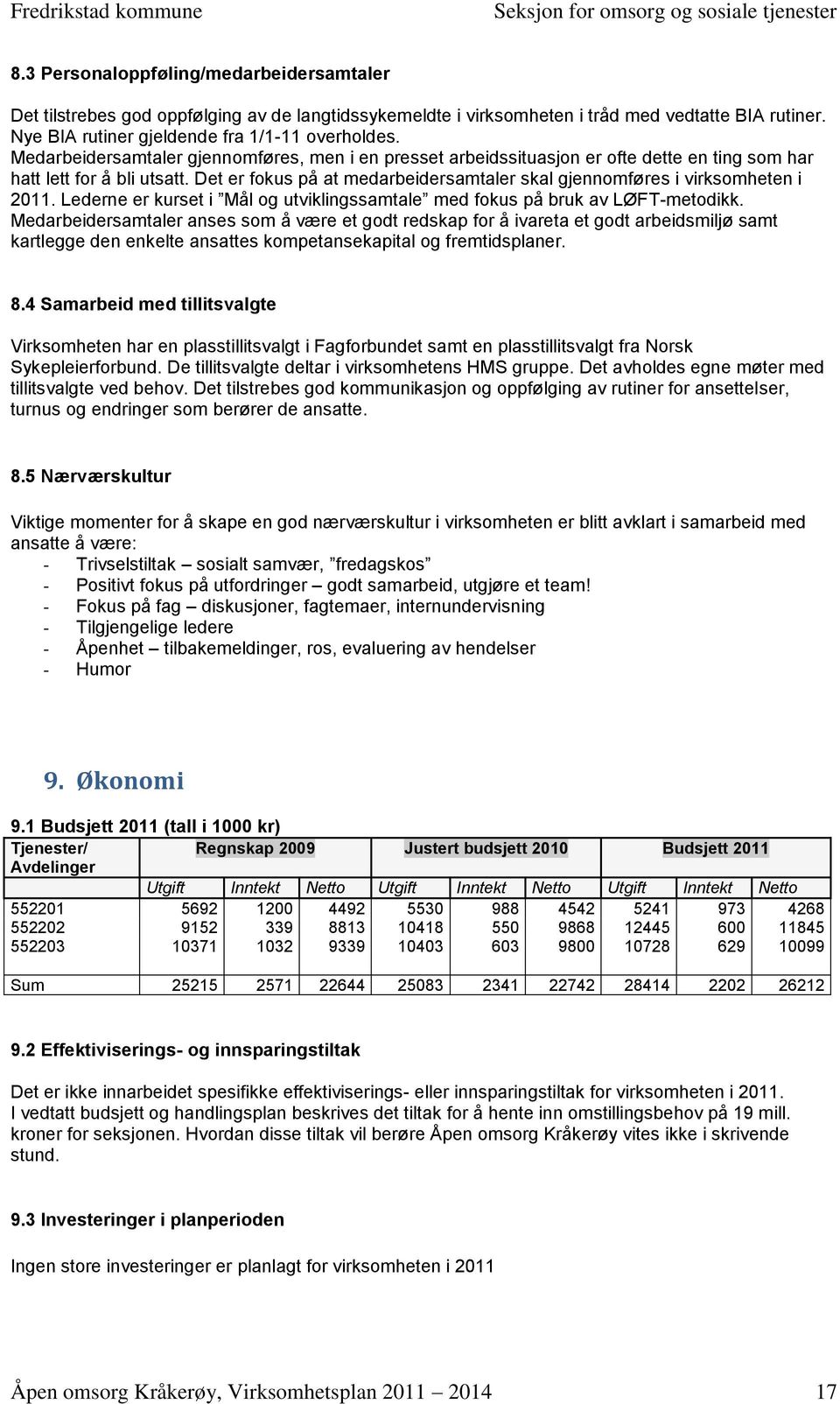 Det er fokus på at medarbeidersamtaler skal gjennomføres i virksomheten i 2011. Lederne er kurset i Mål og utviklingssamtale med fokus på bruk av LØFT-metodikk.