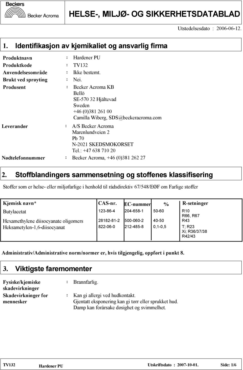 com Leverandør A/S Becker Acroma Marenlundveien 2 Pb 70 N-2021 SKEDSMOKORSET Tel. +47 638 710 20 Nødtelefonnummer Becker Acroma, +46 (0)381 262 27 2.