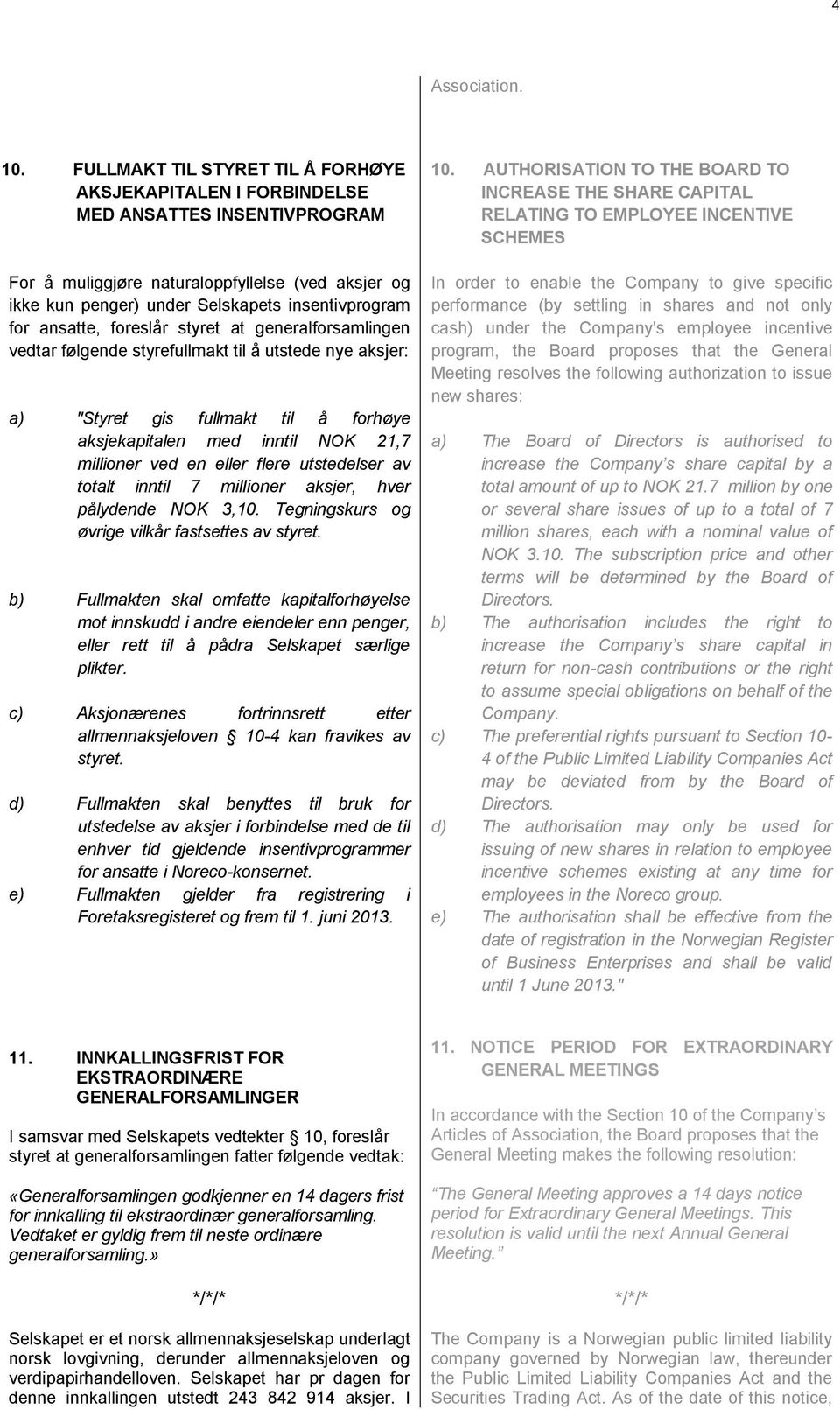 ansatte, foreslår styret at generalforsamlingen vedtar følgende styrefullmakt til å utstede nye aksjer: a) "Styret gis fullmakt til å forhøye aksjekapitalen med inntil NOK 21,7 millioner ved en eller