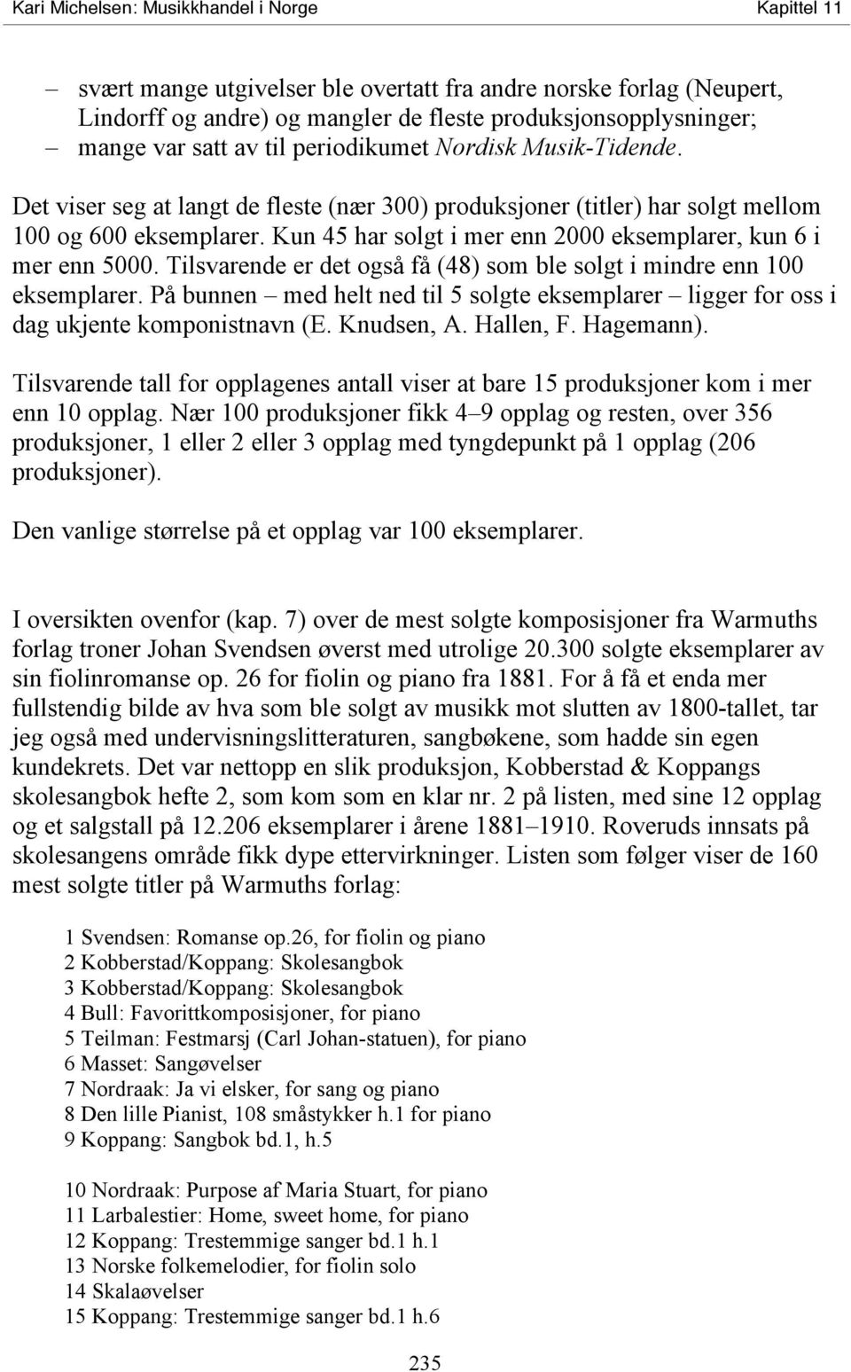 Kun 45 har solgt i mer enn 2000 eksemplarer, kun 6 i mer enn 5000. Tilsvarende er det også få (48) som ble solgt i mindre enn 100 eksemplarer.