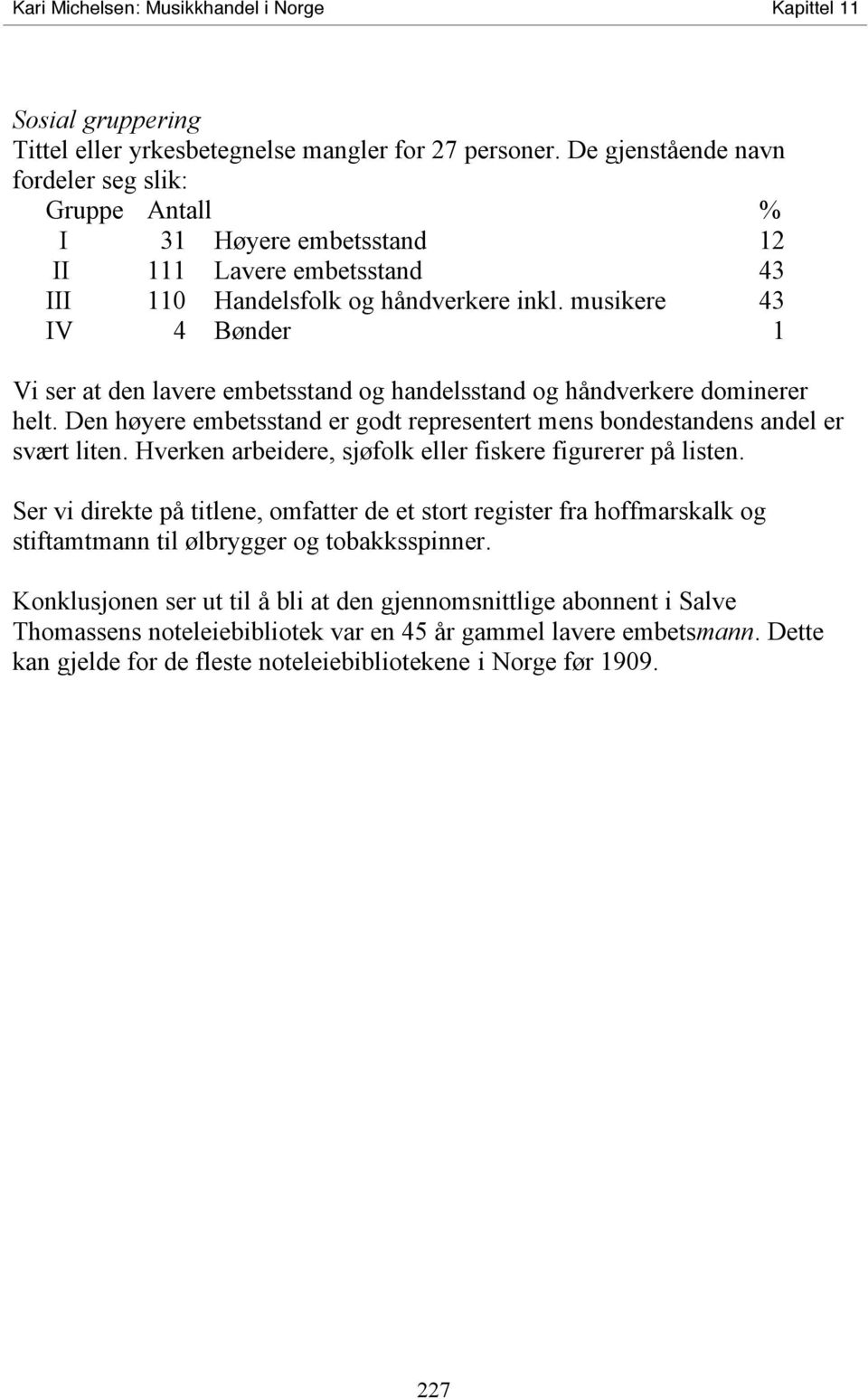 musikere 43 IV 4 Bønder 1 Vi ser at den lavere embetsstand og handelsstand og håndverkere dominerer helt. Den høyere embetsstand er godt representert mens bondestandens andel er svært liten.