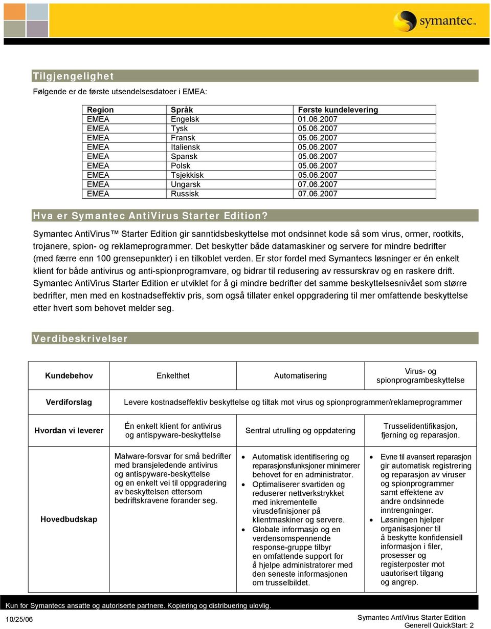 Symantec AntiVirus Starter Edition gir sanntidsbeskyttelse mot ondsinnet kode så som virus, ormer, rootkits, trojanere, spion- og reklameprogrammer.