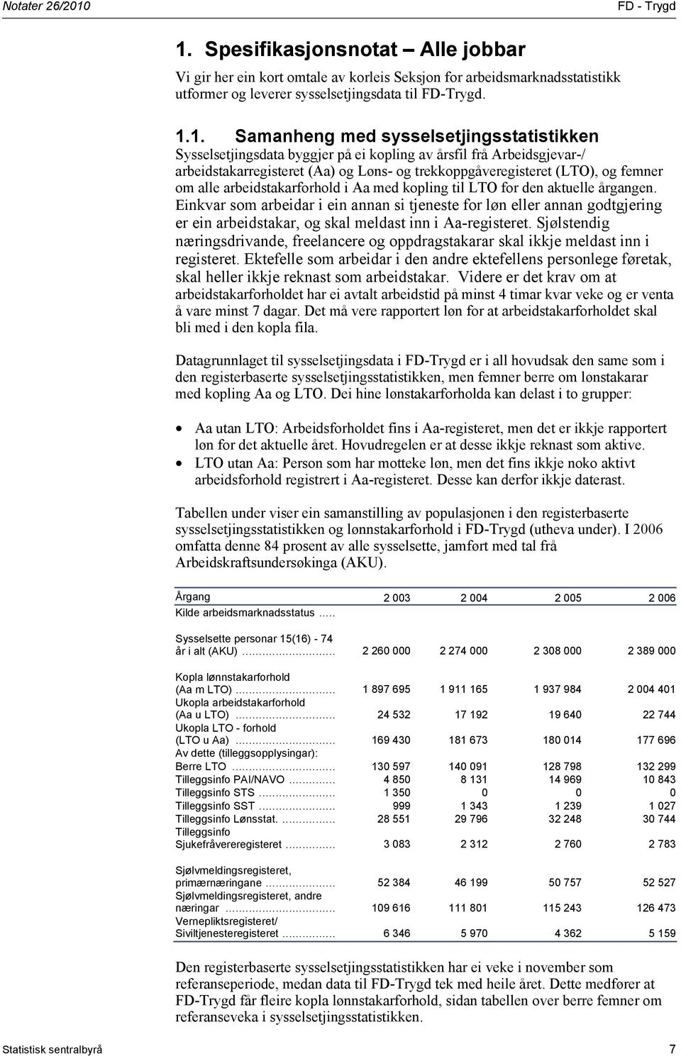 Spesifikasjonsnotat Alle jobbar Vi gir her ein kort omtale av korleis Seksjon for arbeidsmarknadsstatistikk utformer og leverer sysselsetjingsdata til FD-Trygd. 1.