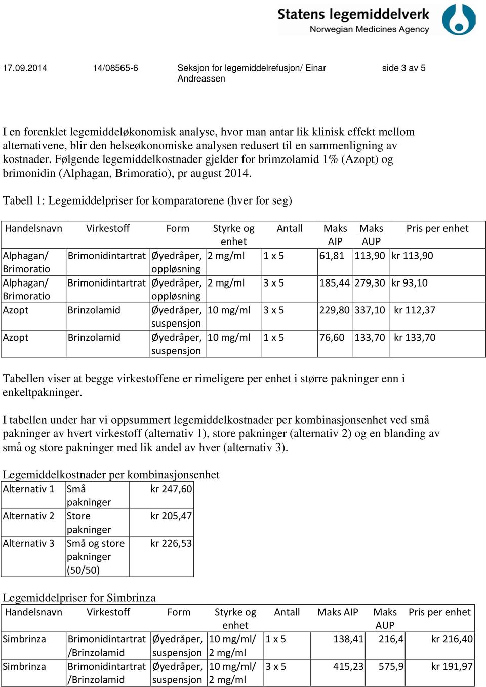 Tabell 1: Legemiddelpriser for komparatorene (hver for seg) Handelsnavn Virkestoff Form Styrke og Antall Maks Maks Pris per enhet enhet AIP AUP Alphagan/ Brimonidintartrat Øyedråper, 2 mg/ml 1 x 5